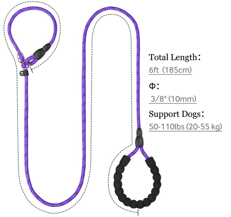 TagME Slip Leads for Dogs, 6 FT Heavy Duty Slip Leash with Padded Handle, Strong Rope No Pull Pet Training Leash for Medium Dogs,Purple - Image 2